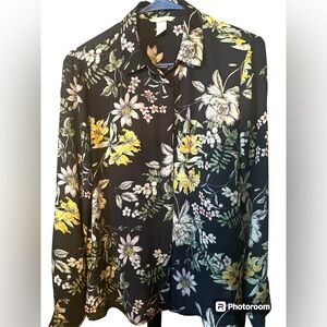 H&M Women’s Long-Sleeve Navy Blue Floral Button Down Blouse